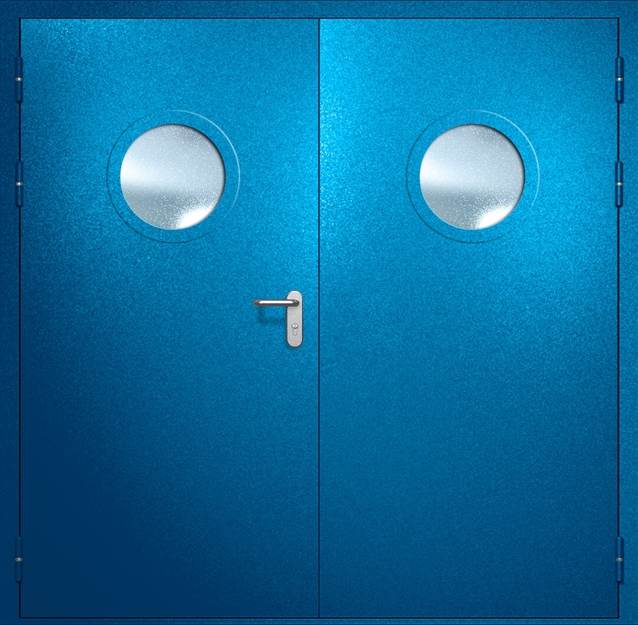 Двупольная противопожарная дверь EI-60 с круглыми стеклопакетами, окрас по RAL 5002