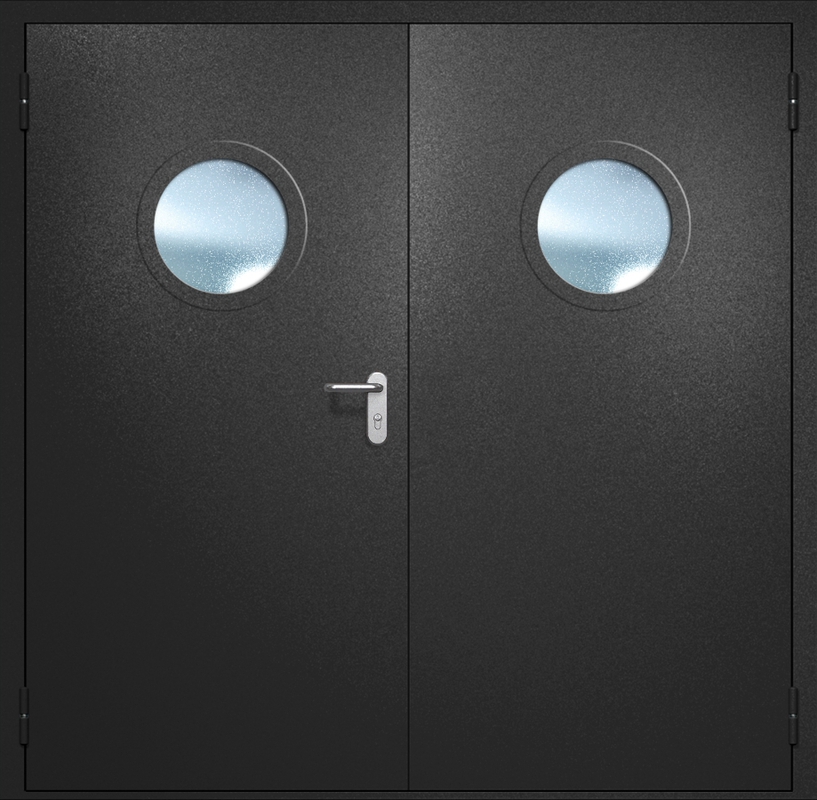 Двупольная противопожарная дверь EI-60 с круглыми стеклопакетами, окрас по RAL 9004 Двупольная противопожарная дверь EI-60 с круглыми стеклопакетами, окрас по RAL 9004