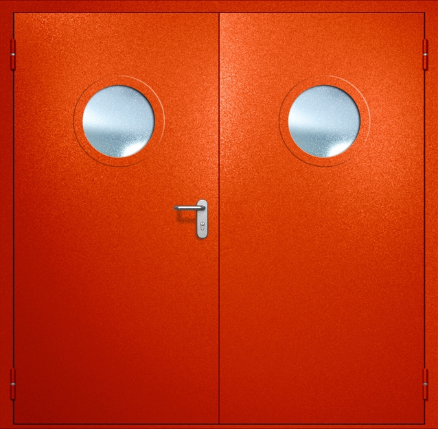 Двупольная противопожарная дверь EI-60 с круглыми стеклопакетами, окрас по RAL 3003 Двупольная противопожарная дверь EI-60 с круглыми стеклопакетами, окрас по RAL 3003