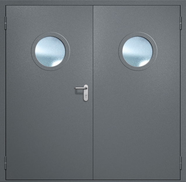 Двупольная противопожарная дверь EI-60 с круглыми стеклопакетами, окрас по RAL 7001