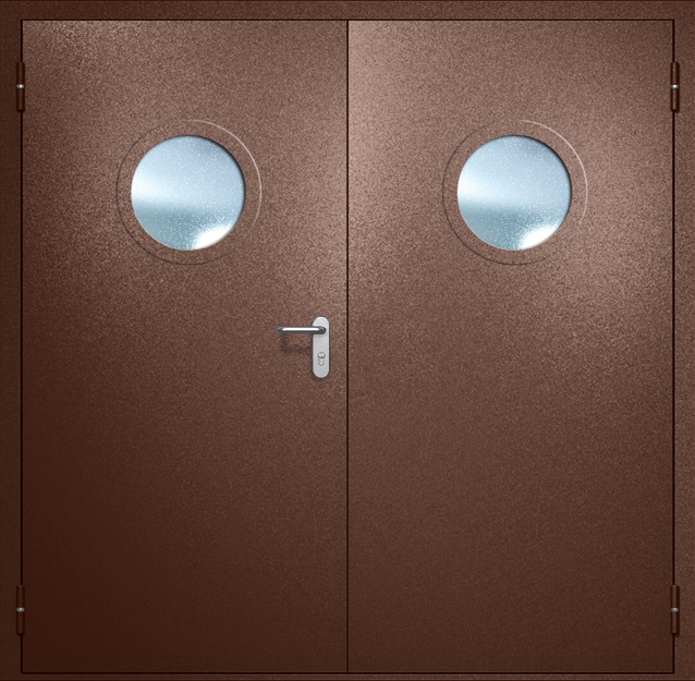 Двупольная противопожарная дверь EI-60 с круглыми стеклопакетами, окрас по RAL 8016