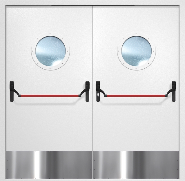 Двупольная противопожарная дверь EI-60 с круглыми стеклопакетами, отбойниками и ручками «Антипаника», окрас по RAL 9003