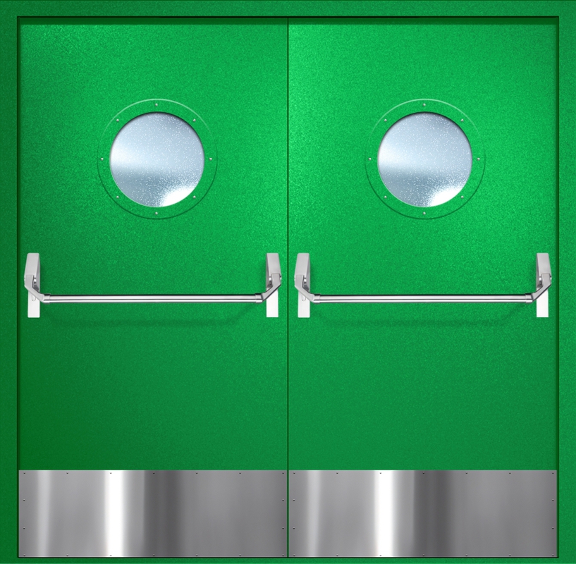 Двупольная противопожарная дверь EI-60 с круглыми стеклопакетами, отбойниками и ручками «Антипаника», окрас по RAL 6037