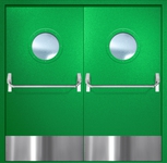 Двупольная противопожарная дверь EI-60 с круглыми стеклопакетами, отбойниками и ручками «Антипаника», окрас по RAL 6037