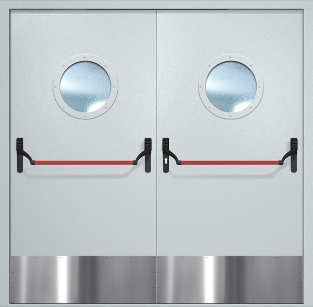 Двупольная противопожарная дверь EI-60 с круглыми стеклопакетами, отбойниками и ручками «Антипаника», окрас по RAL