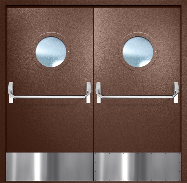 Двупольная противопожарная дверь EI-60 с круглыми стеклопакетами, отбойниками и ручками «Антипаника», окрас по RAL 8016 Двупольная противопожарная дверь EI-60 с круглыми стеклопакетами, отбойниками и ручками «Антипаника», окрас по RAL 8016