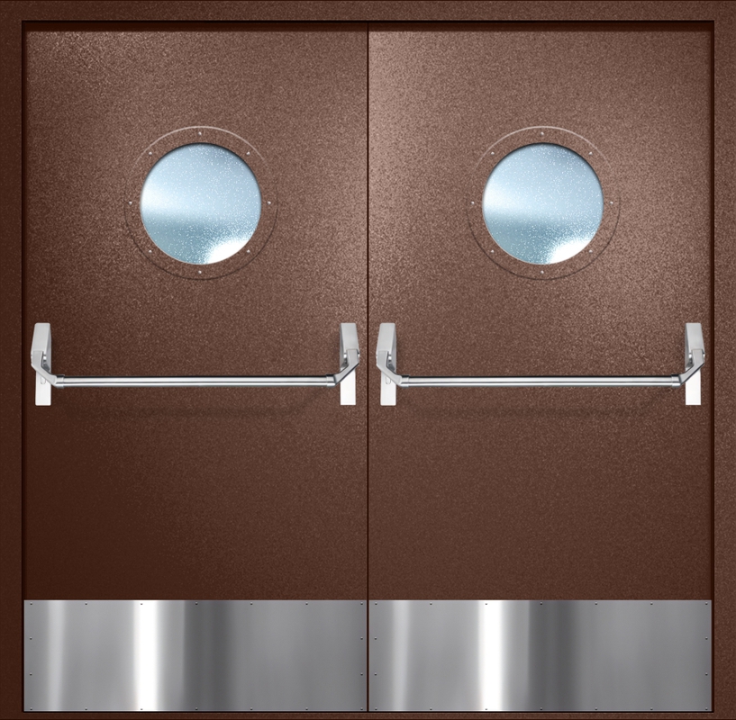 Двупольная противопожарная дверь EI-60 с круглыми стеклопакетами, отбойниками и ручками «Антипаника», окрас по RAL 8016