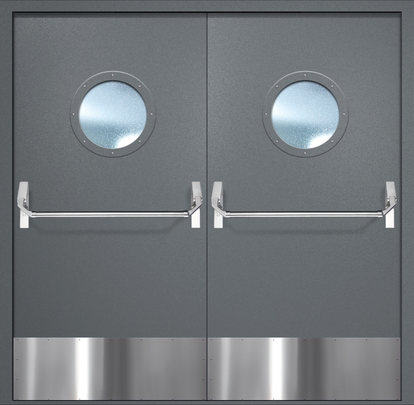 Двупольная противопожарная дверь EI-60 с круглыми стеклопакетами, отбойниками и ручками «Антипаника», окрас по RAL 7001