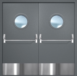 Двупольная противопожарная дверь EI-60 с круглыми стеклопакетами, отбойниками и ручками «Антипаника», окрас по RAL 7001