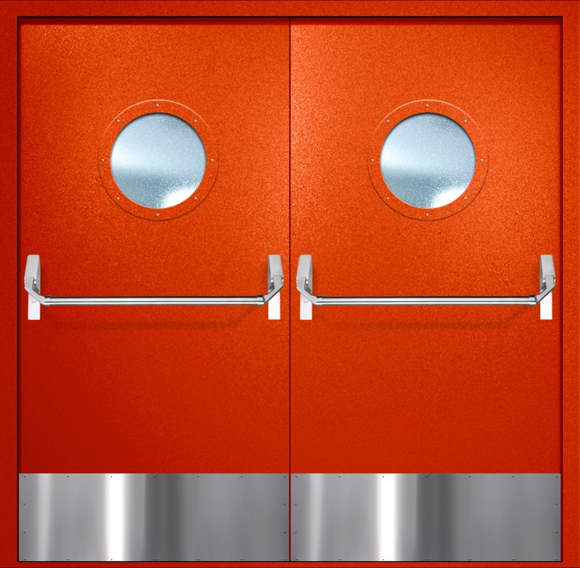 Двупольная противопожарная дверь EI-60 с круглыми стеклопакетами, отбойниками и ручками «Антипаника», окрас по RAL 3003