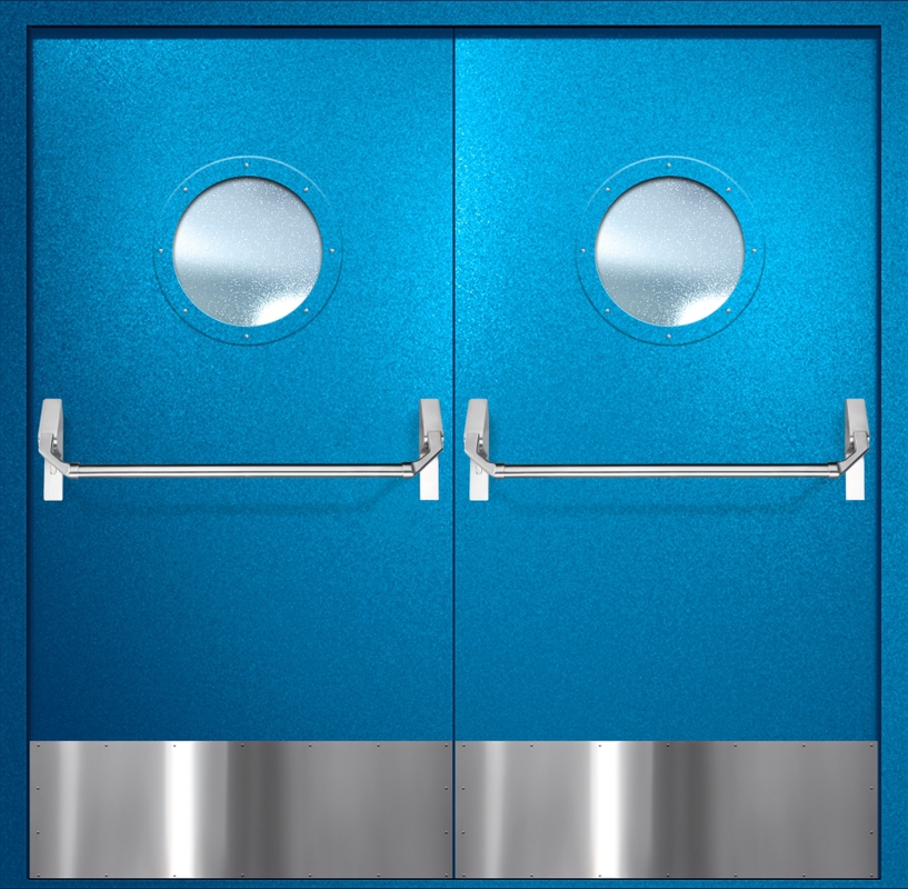 Двупольная противопожарная дверь EI-60 с круглыми стеклопакетами, отбойниками и ручками «Антипаника», окрас по RAL 5002