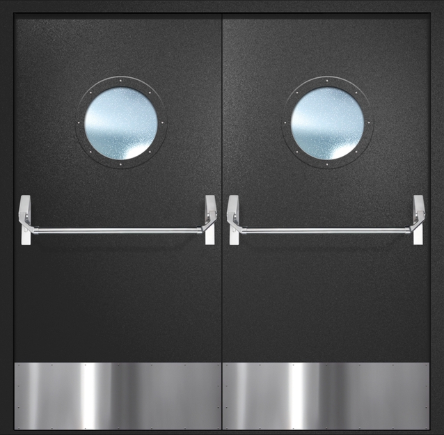 Двупольная противопожарная дверь EI-60 с круглыми стеклопакетами, отбойниками и ручками «Антипаника», окрас по RAL 9004 Двупольная противопожарная дверь EI-60 с круглыми стеклопакетами, отбойниками и ручками «Антипаника», окрас по RAL 9004