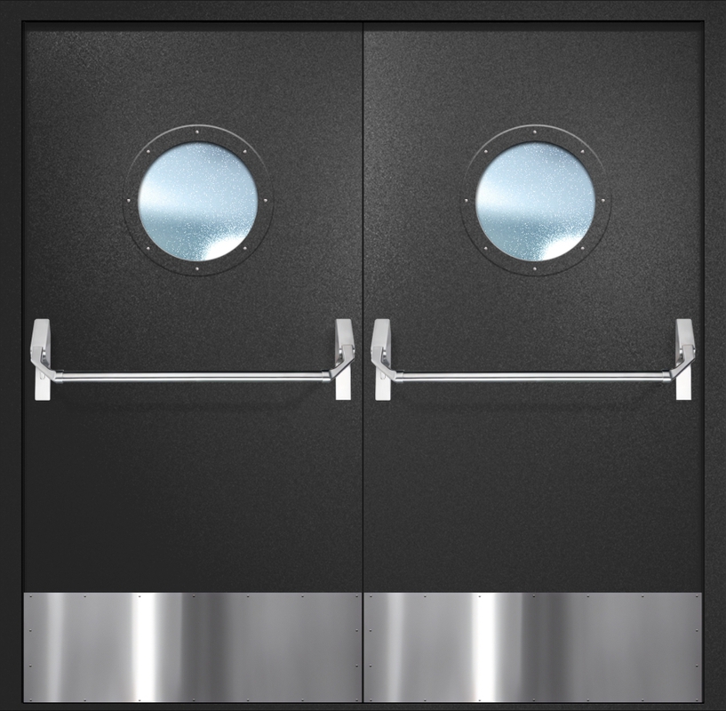 Двупольная противопожарная дверь EI-60 с круглыми стеклопакетами, отбойниками и ручками «Антипаника», окрас по RAL 9004