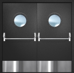 Двупольная противопожарная дверь EI-60 с круглыми стеклопакетами, отбойниками и ручками «Антипаника», окрас по RAL 9004