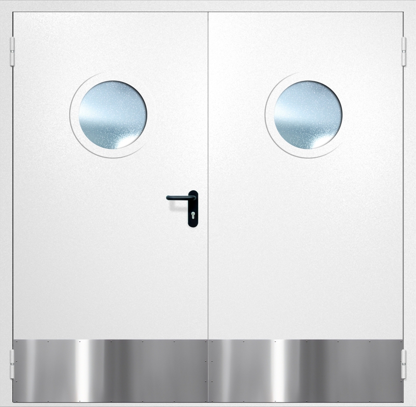 Двупольная противопожарная дверь EI-60 с круглыми стеклопакетами и отбойниками, окрас по RAL 9003 Двупольная противопожарная дверь EI-60 с круглыми стеклопакетами и отбойниками, окрас по RAL 9003
