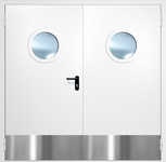 Двупольная противопожарная дверь EI-60 с круглыми стеклопакетами и отбойниками, окрас по RAL 9003