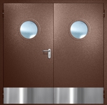 Двупольная противопожарная дверь EI-60 с круглыми стеклопакетами и отбойниками, окрас по RAL 8016