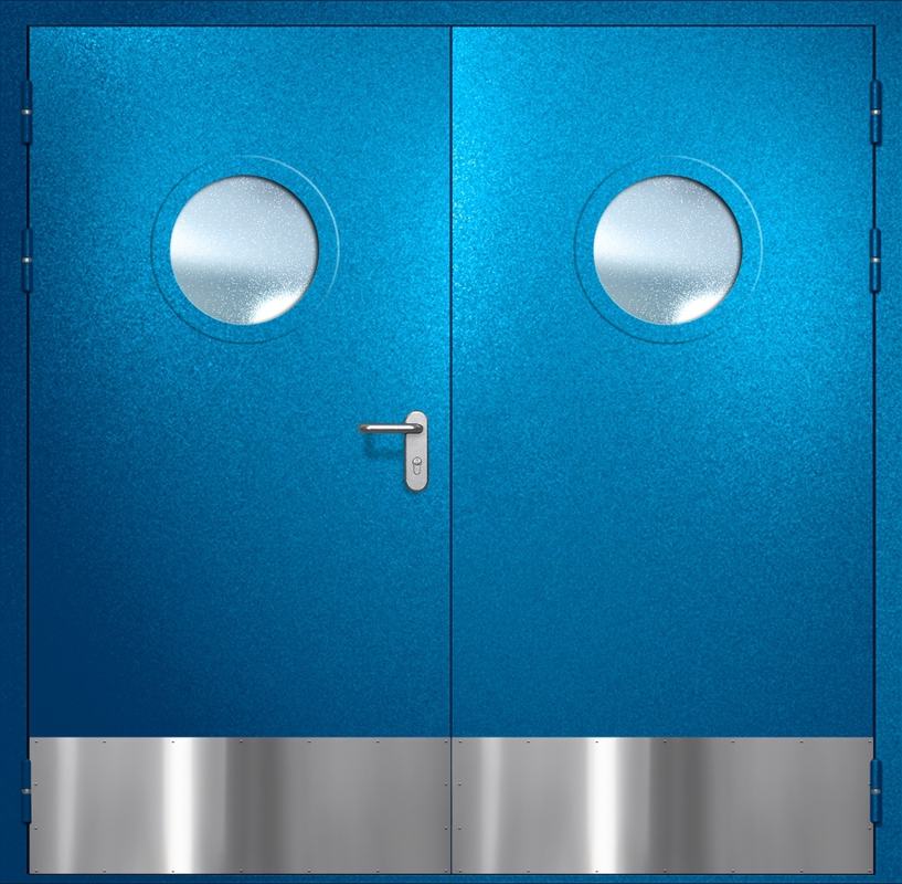 Двупольная противопожарная дверь EI-60 с круглыми стеклопакетами и отбойниками, окрас по RAL 5002