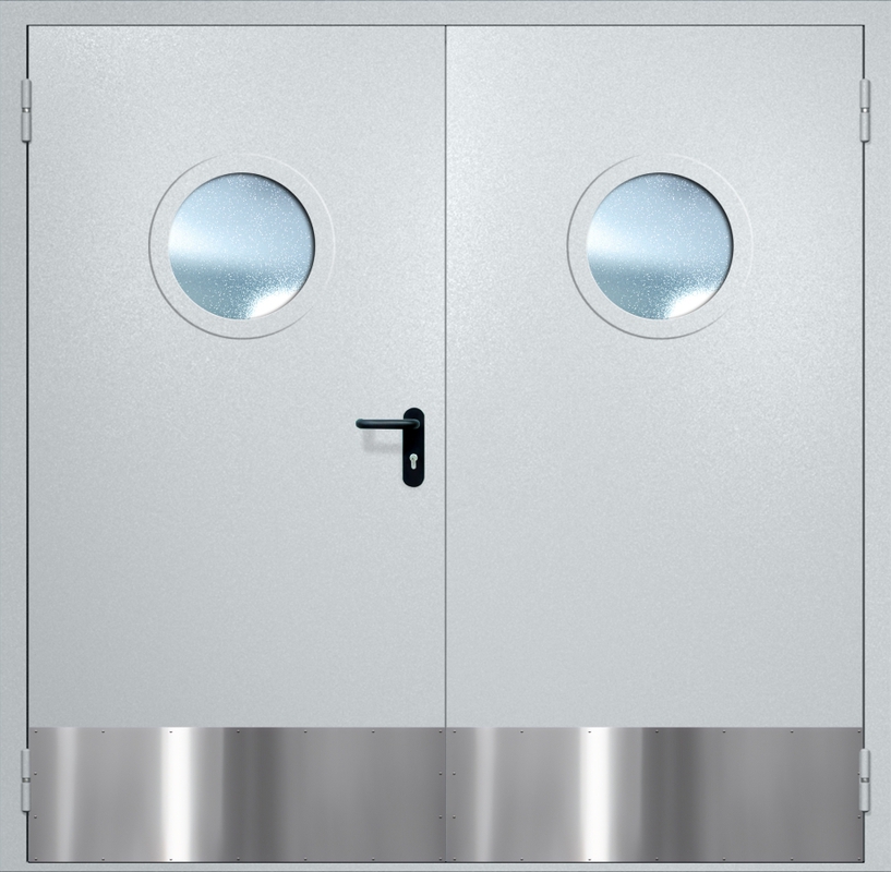 Двупольная противопожарная дверь EI-60 с круглыми стеклопакетами и отбойниками, окрас по RAL