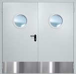 Двупольная противопожарная дверь EI-60 с круглыми стеклопакетами и отбойниками, окрас по RAL