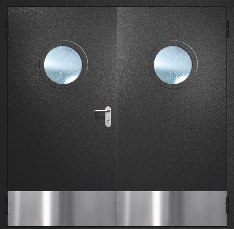 Двупольная противопожарная дверь EI-60 с круглыми стеклопакетами, отбойниками и ручками «Антипаника», окрас по RAL 9004