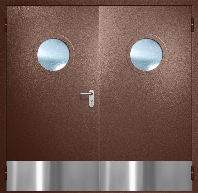 Двупольная противопожарная дверь EI-60 с круглыми стеклопакетами, отбойниками и ручками «Антипаника», окрас по RAL 8016