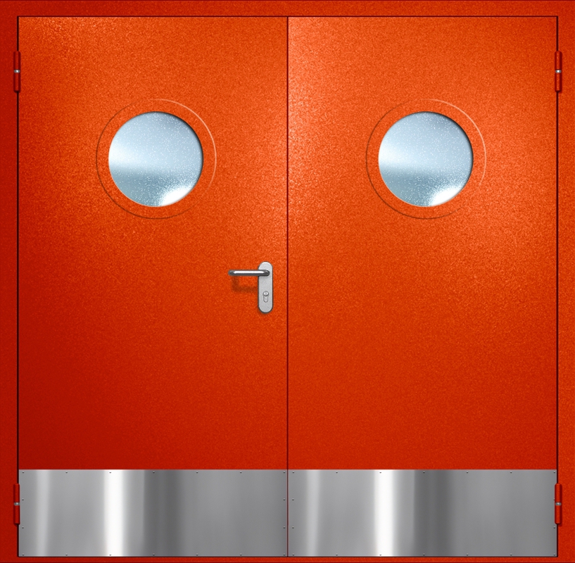 Двупольная противопожарная дверь EI-60 с круглыми стеклопакетами и отбойниками, окрас по RAL 3003