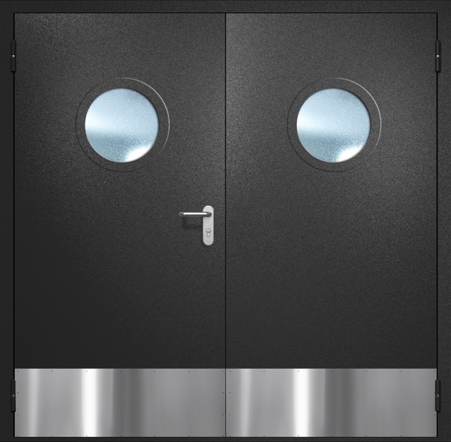 Двупольная противопожарная дверь EI-60 с круглыми стеклопакетами и отбойниками, окрас по RAL 9004 Двупольная противопожарная дверь EI-60 с круглыми стеклопакетами и отбойниками, окрас по RAL 9004