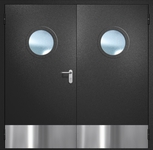 Двупольная противопожарная дверь EI-60 с круглыми стеклопакетами и отбойниками, окрас по RAL 9004