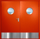 Двупольная противопожарная дверь EI-60 с круглыми стеклопакетами, отбойниками и ручками «Антипаника», окрас по RAL 3003