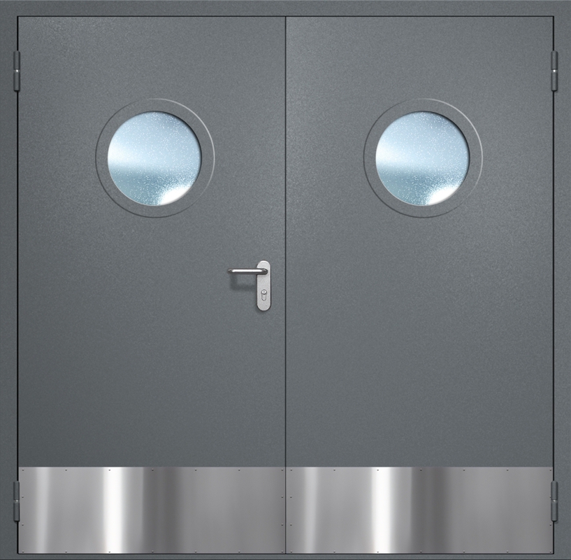 Двупольная противопожарная дверь EI-60 с круглыми стеклопакетами, отбойниками и ручками «Антипаника», окрас по RAL 7001