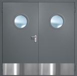 Двупольная противопожарная дверь EI-60 с круглыми стеклопакетами, отбойниками и ручками «Антипаника», окрас по RAL 7001