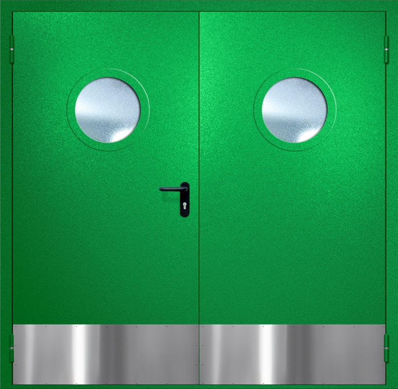 Двупольная противопожарная дверь EI-60 с круглыми стеклопакетами, отбойниками и ручками «Антипаника», окрас по RAL 6037