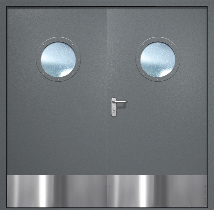 Двупольная противопожарная дверь EI-60 с круглыми стеклопакетами и отбойниками, окрас по RAL 7001