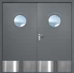 Двупольная противопожарная дверь EI-60 с круглыми стеклопакетами и отбойниками, окрас по RAL 7001