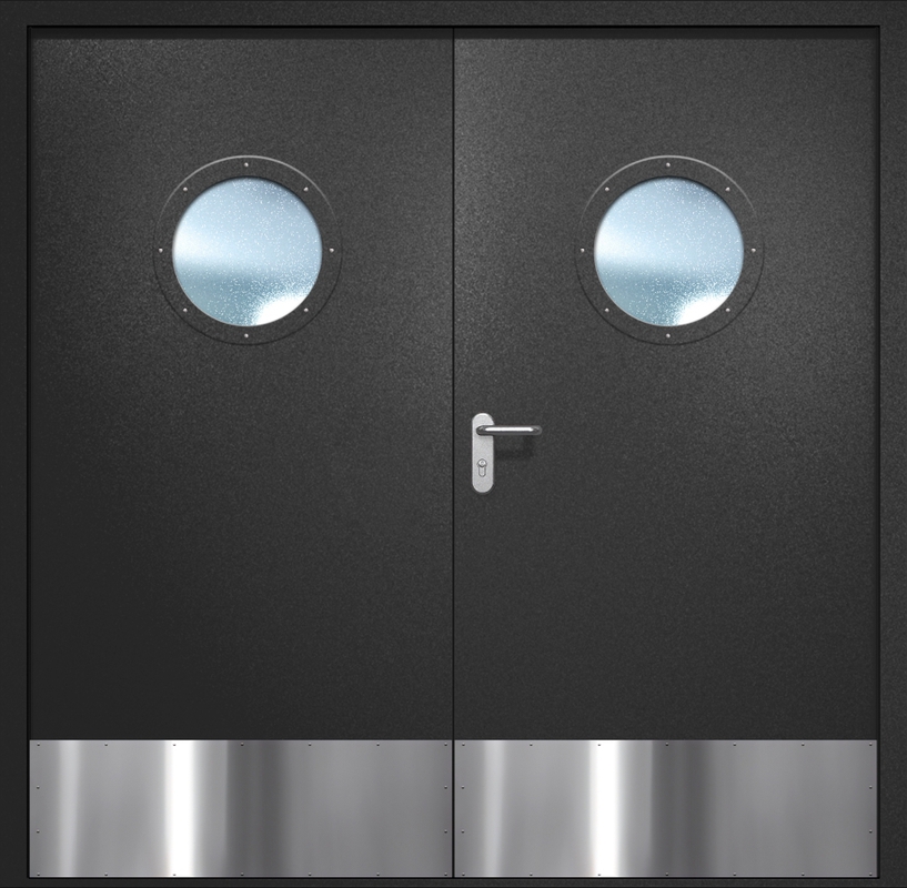 Двупольная противопожарная дверь EI-60 с круглыми стеклопакетами и отбойниками, окрас по RAL 9004 Двупольная противопожарная дверь EI-60 с круглыми стеклопакетами и отбойниками, окрас по RAL 9004