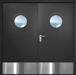 Двупольная противопожарная дверь EI-60 с круглыми стеклопакетами и отбойниками, окрас по RAL 9004