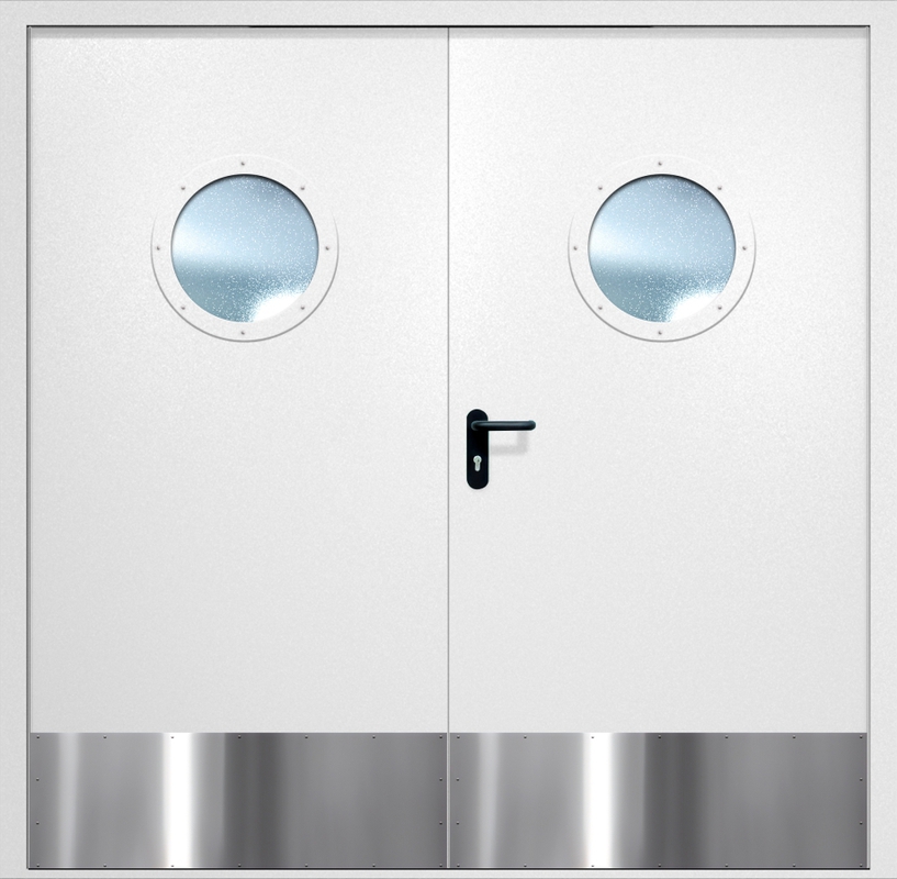 Двупольная противопожарная дверь EI-60 с круглыми стеклопакетами и отбойниками, окрас по RAL 9003 Двупольная противопожарная дверь EI-60 с круглыми стеклопакетами и отбойниками, окрас по RAL 9003