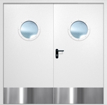 Двупольная противопожарная дверь EI-60 с круглыми стеклопакетами и отбойниками, окрас по RAL 9003