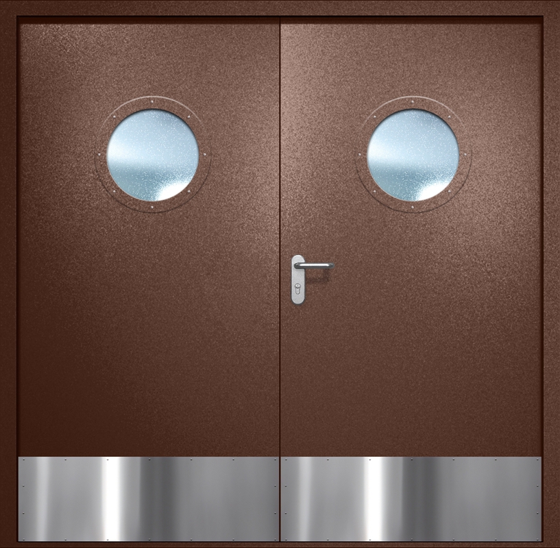 Двупольная противопожарная дверь EI-60 с круглыми стеклопакетами и отбойниками, окрас по RAL 8016