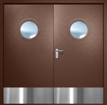 Двупольная противопожарная дверь EI-60 с круглыми стеклопакетами и отбойниками, окрас по RAL 8016