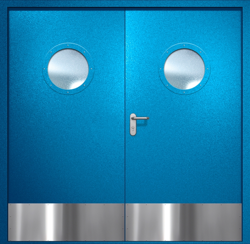 Двупольная противопожарная дверь EI-60 с круглыми стеклопакетами и отбойниками, окрас по RAL 5002