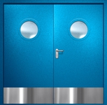 Двупольная противопожарная дверь EI-60 с круглыми стеклопакетами и отбойниками, окрас по RAL 5002