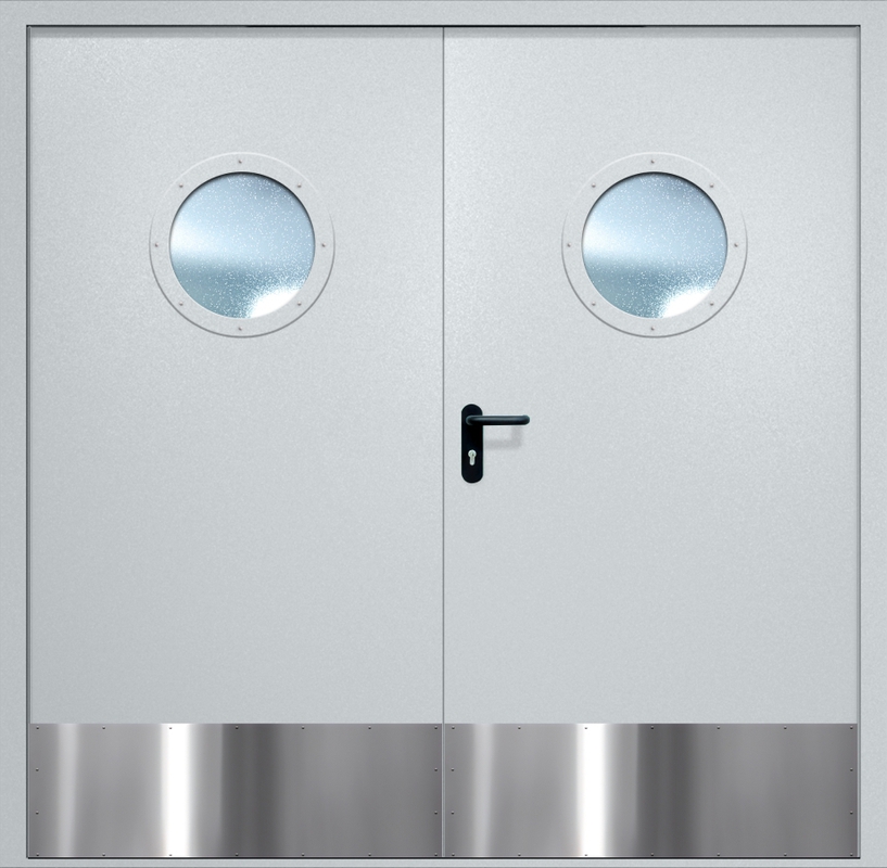 Двупольная противопожарная дверь EI-60 с круглыми стеклопакетами и отбойниками, окрас по RAL