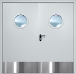 Двупольная противопожарная дверь EI-60 с круглыми стеклопакетами и отбойниками, окрас по RAL