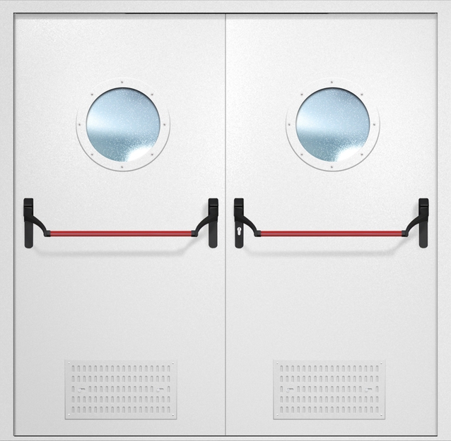Двупольная противопожарная дверь EI-60 с вентиляцией, круглыми стеклопакетами и ручками «Антипаника», окрас по RAL 9003