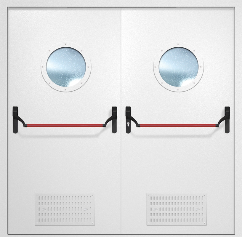 Двупольная противопожарная дверь EI-60 с вентиляцией, круглыми стеклопакетами и ручками «Антипаника», окрас по RAL 9003