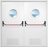 Двупольная противопожарная дверь EI-60 с вентиляцией, круглыми стеклопакетами и ручками «Антипаника», окрас по RAL 9003