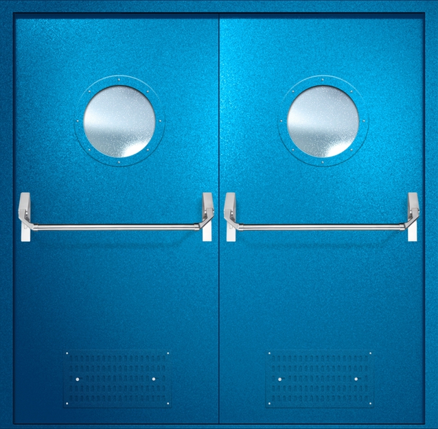 Двупольная противопожарная дверь EI-60 с вентиляцией, круглыми стеклопакетами и ручками «Антипаника», окрас по RAL 5002