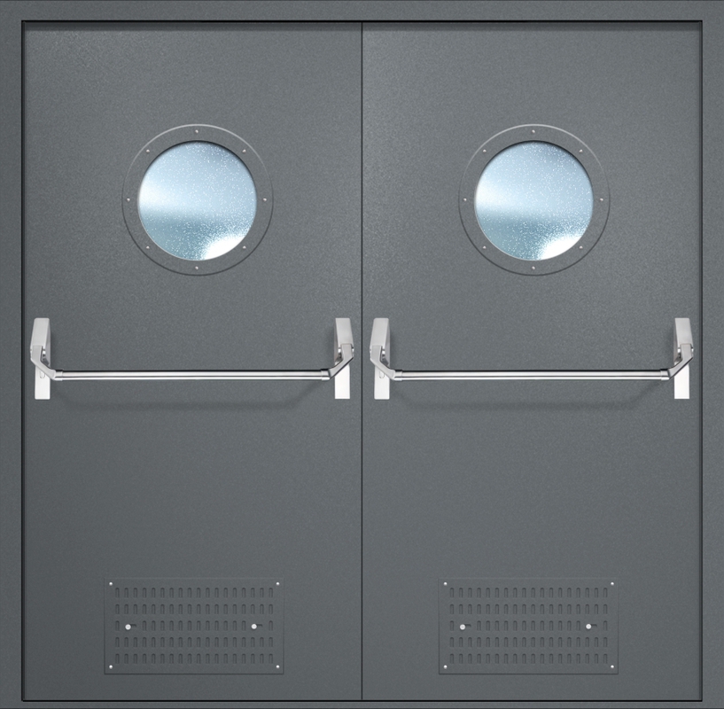 Двупольная противопожарная дверь EI-60 с вентиляцией, круглыми стеклопакетами и ручками «Антипаника», окрас по RAL 7001 Двупольная противопожарная дверь EI-60 с вентиляцией, круглыми стеклопакетами и ручками «Антипаника», окрас по RAL 7001